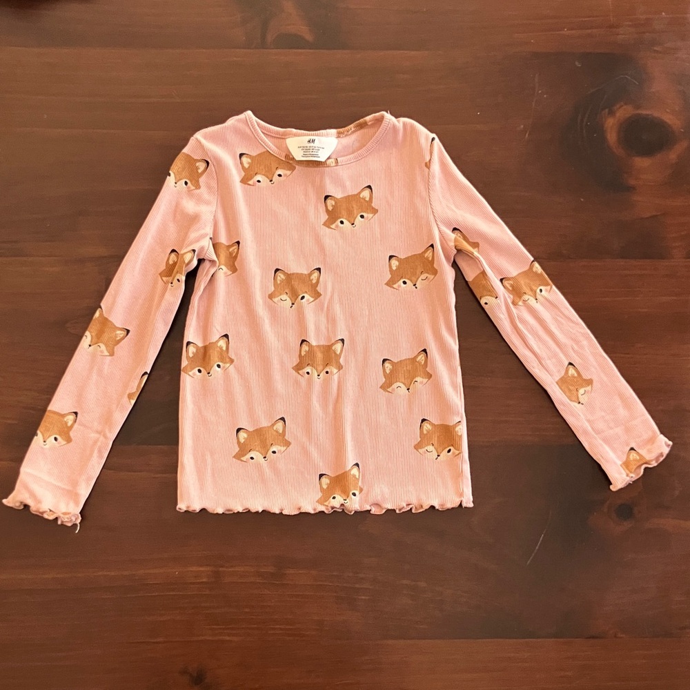H&M Kids Pink Fox Print Long Sleeve Ribbed Top, 5T
